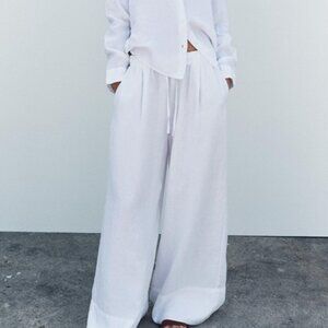 Zara 100% Linen Oyster White Palazzo High-rise Wide Leg Pants Size L